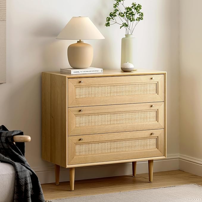 Rattan 3 Drawer Dresser for Bedroom, Modern Dresser Wood Chest of Drawers with Metal Handles,Boho Storage Cabinets Corner Bedside Table for Bedroom, Living Room, Entryway, Natural Oak
