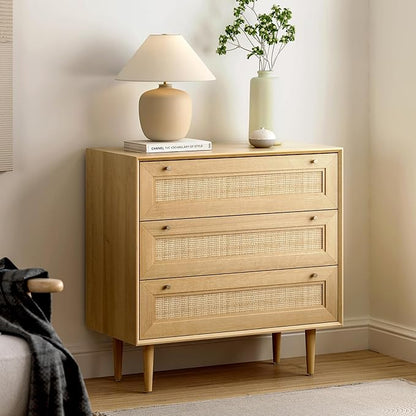 Rattan 3 Drawer Dresser for Bedroom, Modern Dresser Wood Chest of Drawers with Metal Handles,Boho Storage Cabinets Corner Bedside Table for Bedroom, Living Room, Entryway, Natural Oak