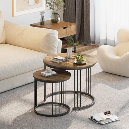 Garden 4 you Nesting Coffee Table, 23.6" Round Coffee Table Set of 2, Wooden Nesting Table with Metal Frame, Ceter Tables for Living Room Bedroom Balcony, Brown