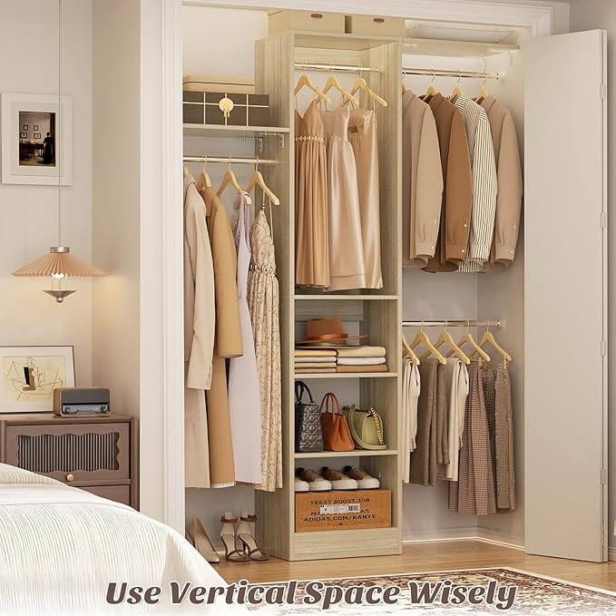 Cyclysio 4FT Small Closet System, 80"H Closet Organizer System with 4 Closets Rods & 3 Shelves, 48" Closets Organizers and Storage for Small Bedrooms, Laundry Rooms, Cloakrooms, White Oak