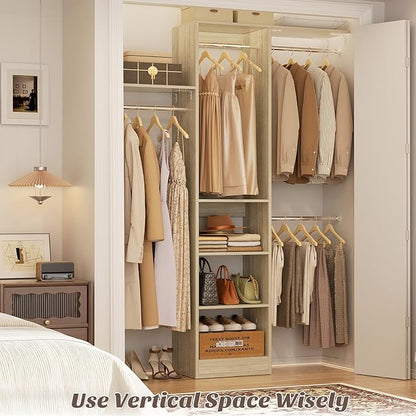 Cyclysio 4FT Small Closet System, 80"H Closet Organizer System with 4 Closets Rods & 3 Shelves, 48" Closets Organizers and Storage for Small Bedrooms, Laundry Rooms, Cloakrooms, White Oak