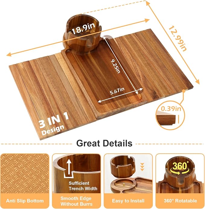 Couch Cup Holder Tray,Acacia Wood Couch Arm Table with Phone Holder, Large Foldable Sofa Arm Tray for Drink Snacks Table