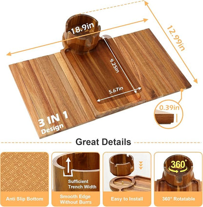 Couch Cup Holder Tray,Acacia Wood Couch Arm Table with Phone Holder, Large Foldable Sofa Arm Tray for Drink Snacks Table