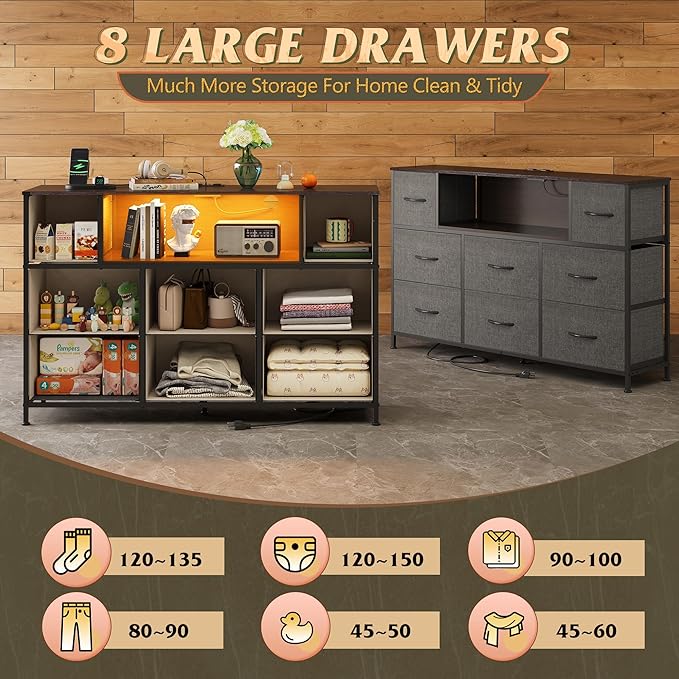 WLIVE Grey Dresser TV Stand for 45, 50, 55 inch TV, Entertainment Center with LED Lights & Charging Station, Chest of Drawers with 8 Fabric Drawers and Open Storage Shelves for Living Room, Hallway