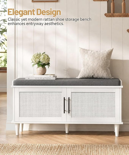 Akxomel Rattan Shoe Storage Bench with Cushion, 2-Tier Entryway Bench with Adjustable Shelves and 2 Doors, 15" D x 39.4" W x 20" H, Solid Wood Legs, for Hallway, Living Room, Bedroom, White