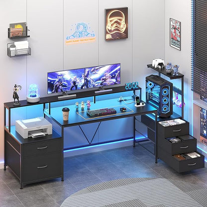 63" Gaming Desk with LED Lights & Outlets, Reversible Computer Desk with 5 Drawers & Printer Shelf, Gamer Desk Table with Storage Shelves & Monitor Stand, Black