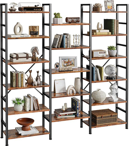 SUPERJARE Triple Bookshelf, Bookcase with 11 Open Display Shelves, Wide Book Shelf Book Case for Home & Office, 6 Tier, Rustic Brown