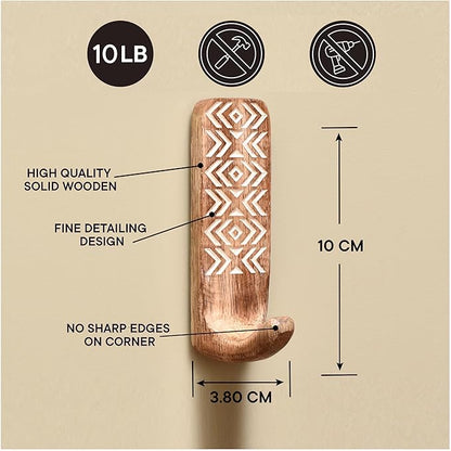 Indian Shelf Boho Decorative Wood Adhesive Wall Hooks for Hanging Coats, Keys, Leash, Hat, Towel Holder, Cute Sticky Key Holder, Brown & White Western Wall Décor (3 Hooks 6 Strips)