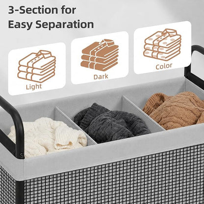 STORAGE MANIAC Rolling Laundry Hamper with Wheels 3-Section Laundry Sorter Rolling Laundrys Basket on Wheels with Removable Bag Clothes Hamper Laundrys Organizer Cart Bathroom Bedroom 120L Grey