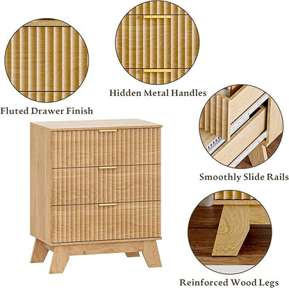 Fluted 3 Drawer Dresser for Bedroom, Mid Century Modern Beside Table with Metal Handle, Wooden Nightstand with 5 Drawers End Table for Living Room, Closet, Entryway, Oak