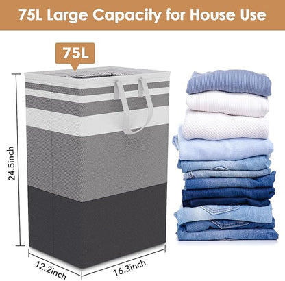 75L Large Laundry Hamper with Handles, Dirty Clothes Hamper for Bedroom Waterproof, Freestanding Tall Laundry Basket Waterproof, Hamper for Bedroom, Bathroom, Dorm, Toys Storage (Stripes, 2 × 75L)