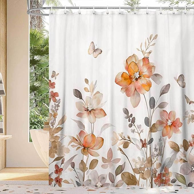 Orange Floral Shower Curtain, Orange Lavender Floral Butterfly Boho Shower Curtains for Bathroom, Farmhous Flower Cute Fabric Shower Curtain Set with 12PCS Hooks, 70X75IN