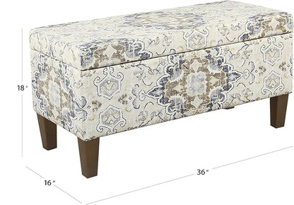 HomePop Ottomon Upholstered Rectangular Storage Ottoman Bench with Hinged Lid, Antiqued Medallion Print Ebony and Cream