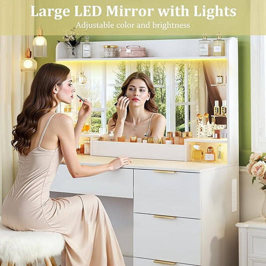 Vanity Desk with Mirror and Lights, Makeup Vanity with Lights, 3 Color Lighting Modes, Vanity Desk with Large Mirror & 4 Storage Drawers & Acrylic Shelves for Bedroom, White