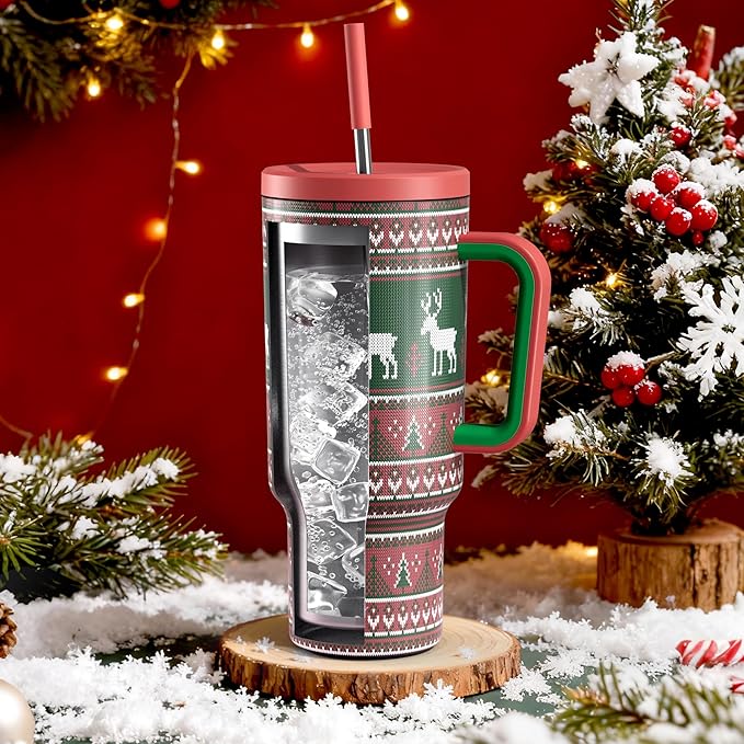 Meoky 40 oz Christmas Tumbler with Handle and Straw, Xmas Tumbler with Lid and Straw, Insulated Stainless Steel Travel Mug, Christmas Gifts for Women Men Adults (Jolly Reindeer)