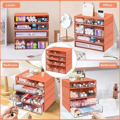 Desk Storage Organizer with 9 Drawers, 4 Tiers Stackable Desktop Craft Storage Drawers, Clear Storage Box Caddy for Stationary Makeup Jewelry Office Craft Supplies (Orange)