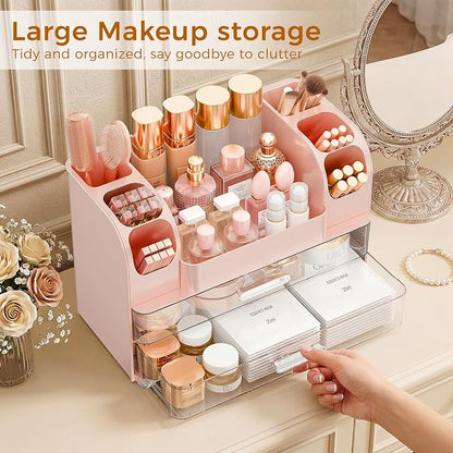 Makeup Organizer for Vanity with Brush Holder, Large Bathroom Countertop Organizer & Skincare Storage | Perfume, Cosmetics Display Case with Drawers (Pink)