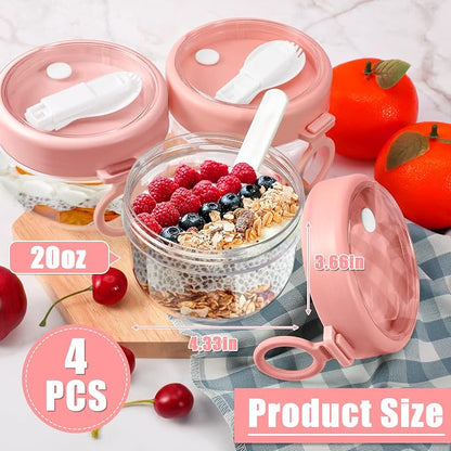 Gerrii 4 Pcs Overnight Oats Container with Lids and Spoons, 20 oz Plastic Overnight Oats Jars Large Capacity Airtight Yogurt Container for Milk, Fruit, Cereal and Salad Storage (Pink)