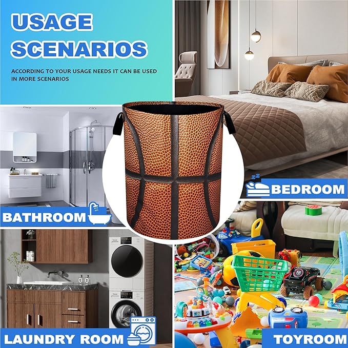 Basketball Laundry Basket Ball Texture Oxford Cloth Laundry Hamper With Handle Foldable Portable Clothes Storage Basket 18.9 X 16.5 Inch Storage Bag For Laundry Room/Bathroom/Bedroom/Dormitories