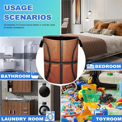 Basketball Laundry Basket Ball Texture Oxford Cloth Laundry Hamper With Handle Foldable Portable Clothes Storage Basket 18.9 X 16.5 Inch Storage Bag For Laundry Room/Bathroom/Bedroom/Dormitories