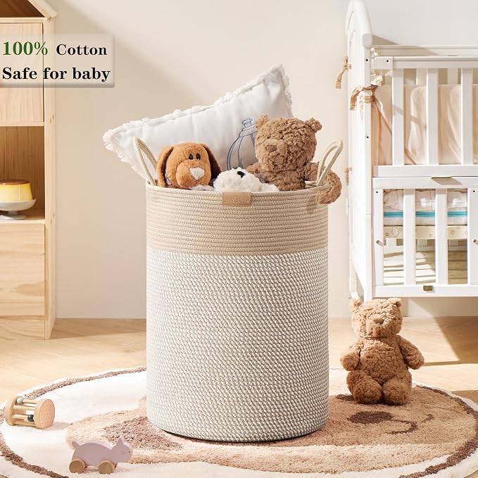 80L Extra Large Boho Laundry Hamper Basket, Tall Woven Hamper for Bedroom, Cotton Rope Laundry Basket for Clothes, 16x22 Inches, Brown