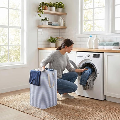 efluky Slim Laundry Basket, Narrow Laundry Hamper with Handles, Collapsible Dirty Clothes Hamper, Tall Laundry Bin for Laundry Room, Dorm and Bedroom, 80L, Striped Blue
