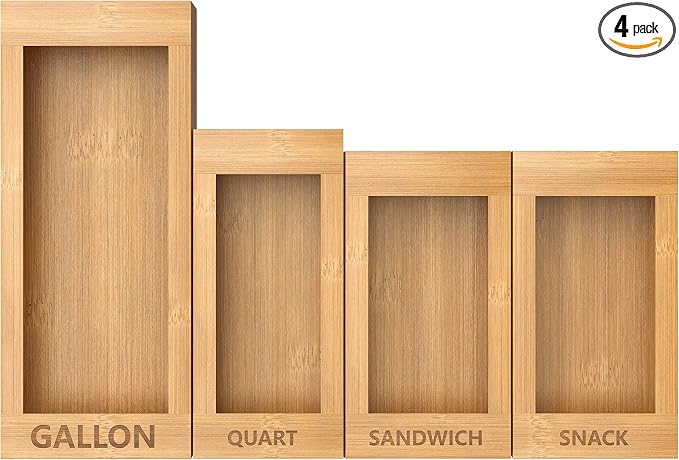 4-Size Bamboo Drawer Organizer for Food Storage Bags | Stackable Kitchen Organizer (Gallon/Quart/Sandwich/Snack) - Handcrafted with Natural Material