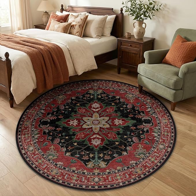 RELEANY Area Rugs Round 5ft Washable Non-Slip, Floral Vintage Distress Medallion Carpet for Living Room Bedroom Dining Room, Red Black