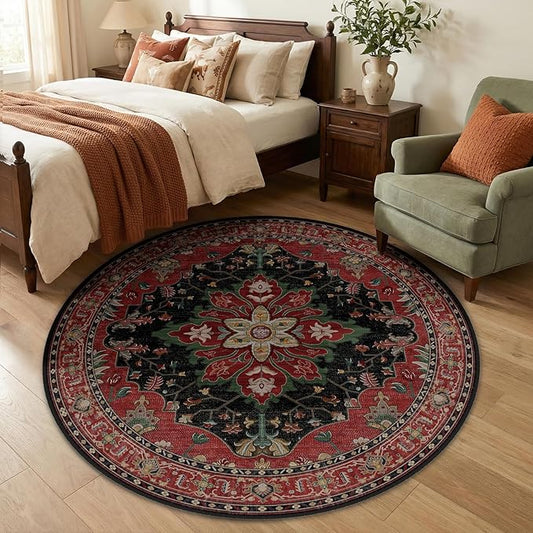 RELEANY Area Rugs Round 5ft Washable Non-Slip, Floral Vintage Distress Medallion Carpet for Living Room Bedroom Dining Room, Red Black