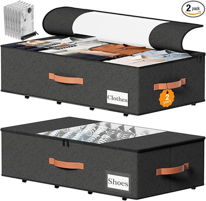 TOSKING 2-Pack Under Bed Storage Drawers with Wheels, 6 Vacuum Bags, 7.9" Height, Large 65L/80 lbs Clear Lid Rolling Bin, 900D Oxford, Space Saver for Dorm Bedroom, Blankets, Clothes, Shoes, Black