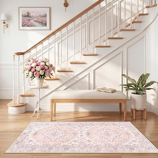RELEANY Area Rugs Runner 2'6"x5' Washable Non-Slip, Floral Vintage Distress Medallion Carpet for Kitchen Hallway Bedroom Beside Laundry Room Bathroom, Pink Greypink Cute