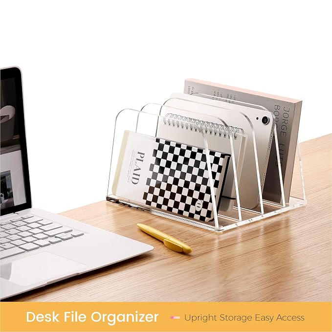 HeZone Desk File Organizer,4-Section Vertical Clear File Organizer File Holder Folder Holder Mail Sorter Acrylic Stand Rack,Office Organization for Home, Office & Classroom(1 Pack)