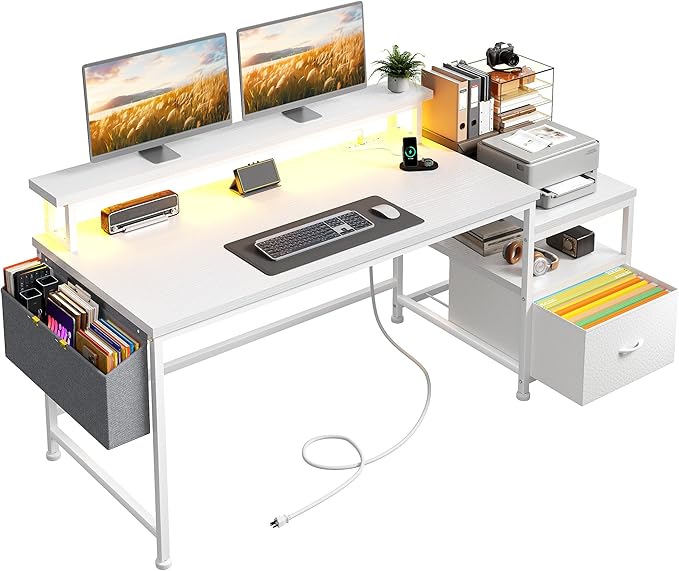Computer Desk with Drawers,Office Desk with Printer Shelf & Monitor Stand,Gaming Desk with Power Outlets & LED Lights,Corner Table with Side Storage Bag, White