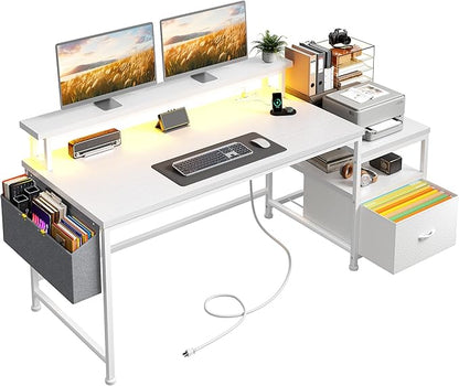Computer Desk with Drawers,Office Desk with Printer Shelf & Monitor Stand,Gaming Desk with Power Outlets & LED Lights,Corner Table with Side Storage Bag, White