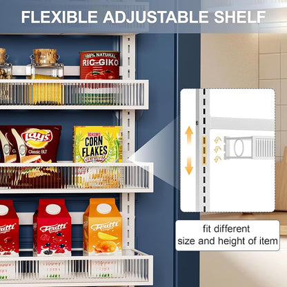 Over the Door Pantry Organizer 6 Tier Hanging or Wall Mounted Spice Rack with Adjustable Basket,Heavy Duty Metal Seasoning Organizer Shelf for Kitchen Pantry and Bathroom