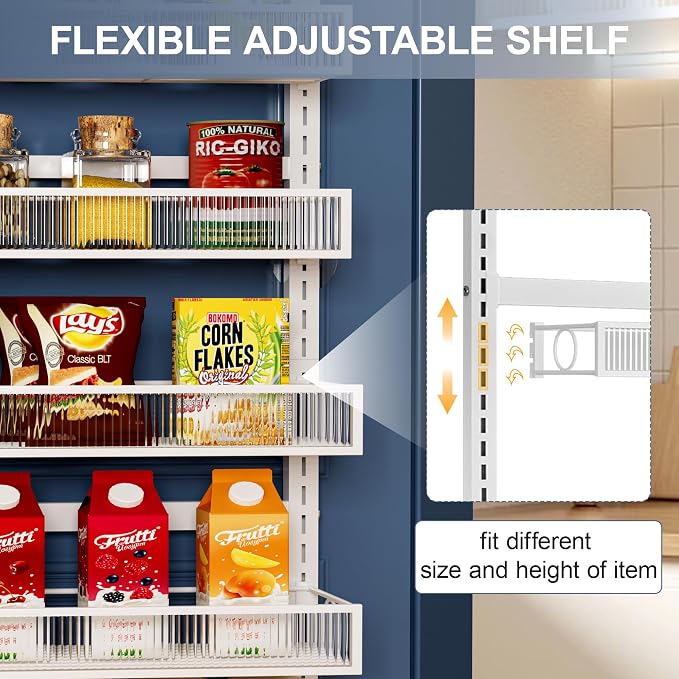 Over the Door Pantry Organizer 8 Tier Hanging or Wall Mounted Spice Rack with Adjustable Basket,Heavy Duty Metal Seasoning Organizer Shelf for Kitchen Pantry and Bathroom