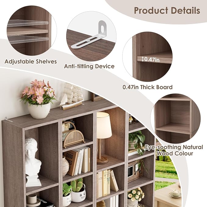 FOTOSOK 8-Tier Media Tower Rack, 11.6 X 9.3 X 70.9 Inches CD DVD Slim Storage Cabinet with Adjustable Shelves, Tall Narrow Bookcase Display Bookshelf for Home Office, Oak