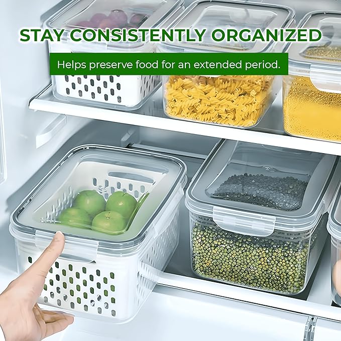 4-Piece Fruit Storage Containers for Fridge, Leakproof and Removable Colander, Dishwasher & Microwave Safe, Extend Freshness of Fruits and Vegetables (White)