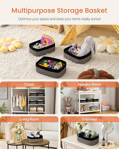 Small Woven Basket, 12 x 8 x 4.5 Inches, Storage Basket for Organizing, Cute Small Rope Shelf Closet Cube Storage Bins Baskets for Shelves, Dog Toy Gift Baskets Empty, 3 Pack Black & Brown