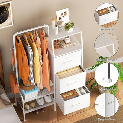 SWTYMIKI Dresser with Hanging Rack - 3 Fabric Drawers Kids Dresser for Bedroom - Reversible Tall Storage Tower, Small Space Clothes Storage Organizer Cabinet for Apartment, Dorm 49.21''H, White