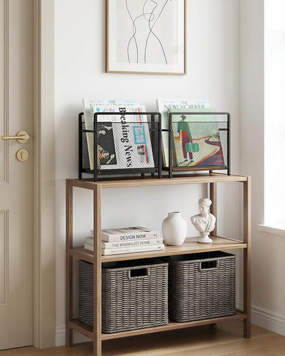 Magazine Holder, Magazine Rack Floor, Metal Mesh with Wood Base Magazine Storage Basket, Folder Organizer Bin for Books, Newspapers, Mails, Files, Dark Brown