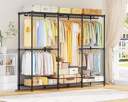 E14 Heavy Duty Clothes Rack，Freestanding Clothing Racks for Hanging Clothes，Adjustable Closet Organizers and Storage，Metal Garment Rack with Shelves 69" W x16 D x77 H，Max Load 960LBS，Black