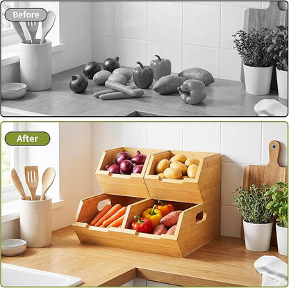 Bamboo Pantry Storage Bins, Stackable Potato and Onion Storage Bin for Kitchen Countertop, Wood Pantry Organizer Baskets for Fruit Vegetable Snack