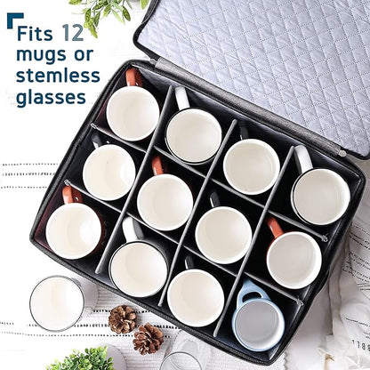 Coffee Mug Storage, 2 Pack Quilted and Stackable Coffee Cup Storage Organizer for Service of 24, Mug Storage Box with Dividers, China Containers Hard Shell for Moving and Organization, Grey