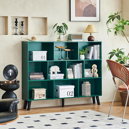 LEYAOYAO 10 Cube Bookshelf, 3 Tier Vintage 55" Wide Bookcase with Legs, Mid-Century Wood Bookshelves Storage, Dark Green Large Book Case, Freestanding Organizer Display Shelf for Living Room, Office