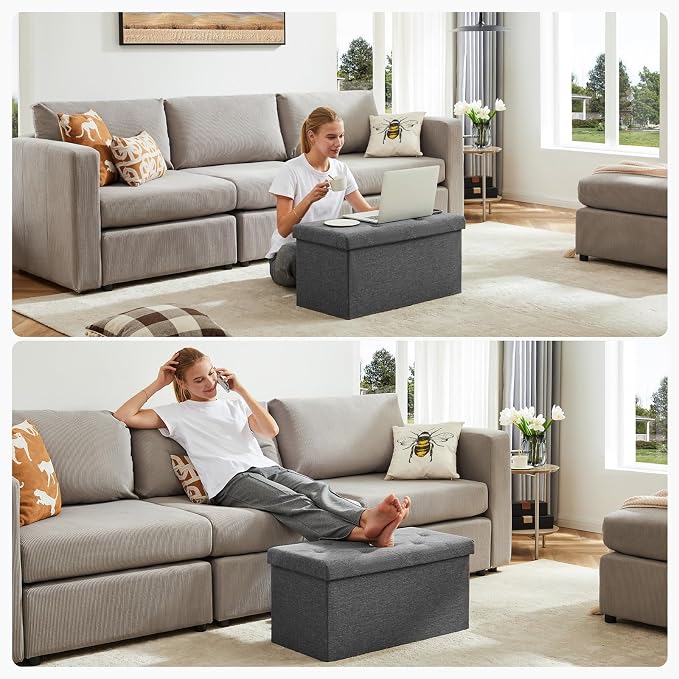 DUMOS 30in Storage Ottoman Bench, Storage Chest, End of Bed Foot Rest Stool with Padded Seat, Bedroom Bench for Living Room, Bedroom, Support 660lbs, Grey
