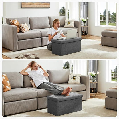 DUMOS 30in Storage Ottoman Bench, Storage Chest, End of Bed Foot Rest Stool with Padded Seat, Bedroom Bench for Living Room, Bedroom, Support 660lbs, Grey