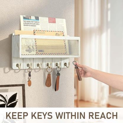 Rebee Vision Pine Wooden Key Holder Wall Mount with Mail Organizer Basket – Rustic Farmhouse Wall Decor for Living Room – Vintage Key Rack & Storage Organizer for Home Essentials (Whitewash)