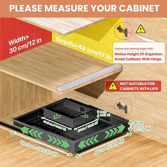 1 Pack Pull out Cabinet Organizer, Width (12"-19") Depth (17"-23"), with 3 Rails Adjustable Slide, Expandable Pullout Drawers for Cabinets, No Drill Adhesive Kitchen Drawers for Pantry Shelves