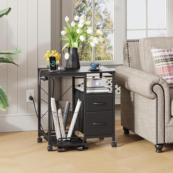YAOHUOO Printer Stand with Power Outlet/Fabric Drawers, Printer Cabinet with Storage Shelf and Rolling Shredder Stand, Printer Table for Home Office, 22.8"×15" Black